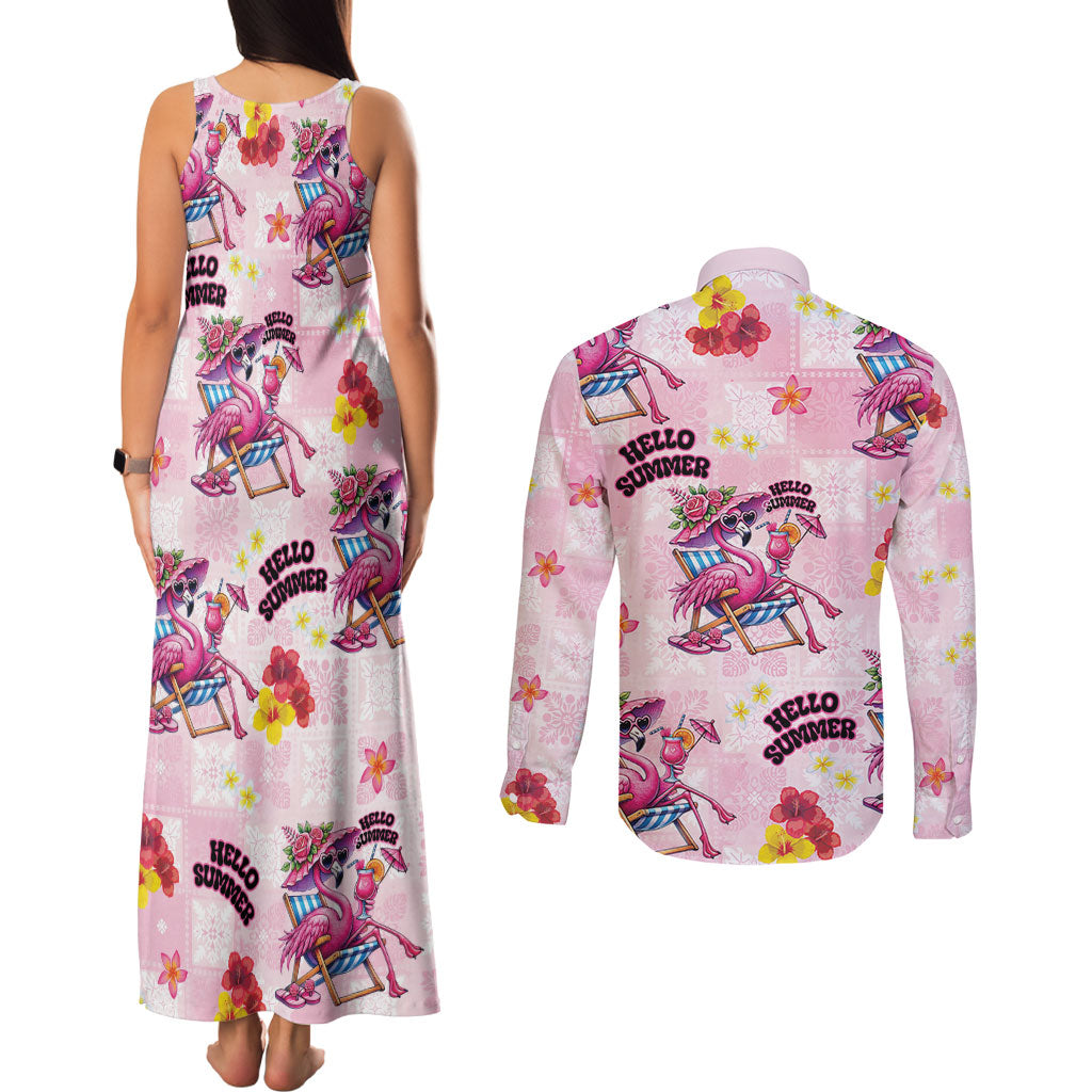 Hawaii Flamingo Hello Summer Couples Matching Tank Maxi Dress and Long Sleeve Button Shirt Hawaiian Quilt Pattern LT9 - Polynesian Pride