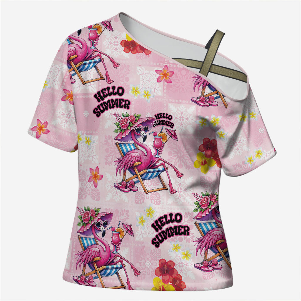Hawaii Flamingo Hello Summer Cross Shoulder Shirt Hawaiian Quilt Pattern LT9 Female Pink - Polynesian Pride