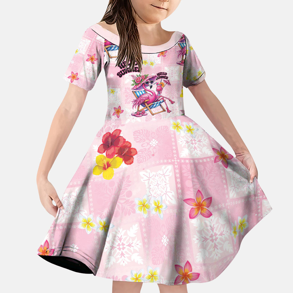 Hawaii Flamingo Hello Summer Family Matching Mermaid Dress and Hawaiian Shirt Hawaiian Quilt Pattern LT9 Daughter's Dress Pink - Polynesian Pride