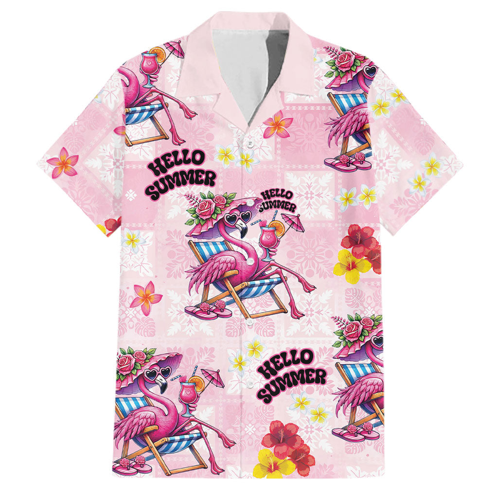 Hawaii Flamingo Hello Summer Family Matching Mermaid Dress and Hawaiian Shirt Hawaiian Quilt Pattern LT9 Dad's Shirt - Short Sleeve Pink - Polynesian Pride
