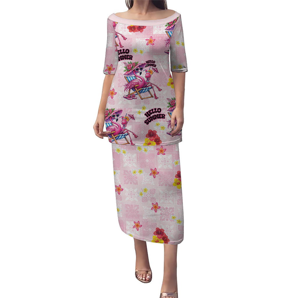 Hawaii Flamingo Hello Summer Family Matching Puletasi and Hawaiian Shirt Hawaiian Quilt Pattern LT9 Mom's Dress Pink - Polynesian Pride
