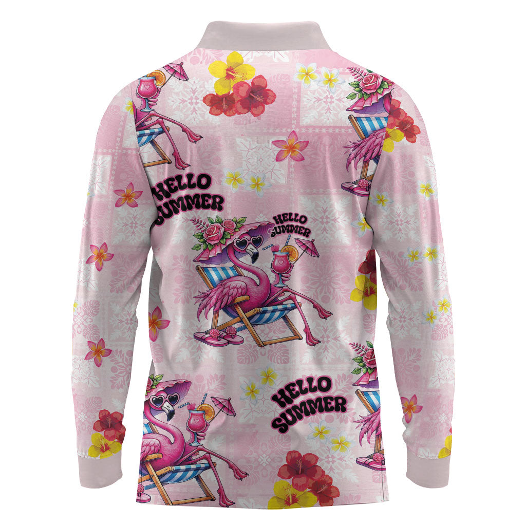 Hawaii Flamingo Hello Summer Long Sleeve Polo Shirt Hawaiian Quilt Pattern LT9 - Polynesian Pride