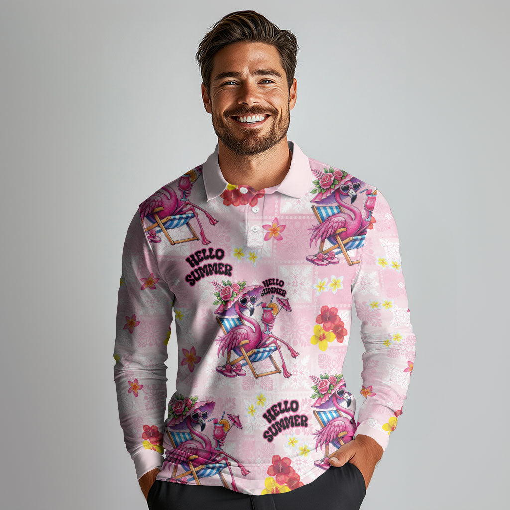 Hawaii Flamingo Hello Summer Long Sleeve Polo Shirt Hawaiian Quilt Pattern LT9 - Polynesian Pride
