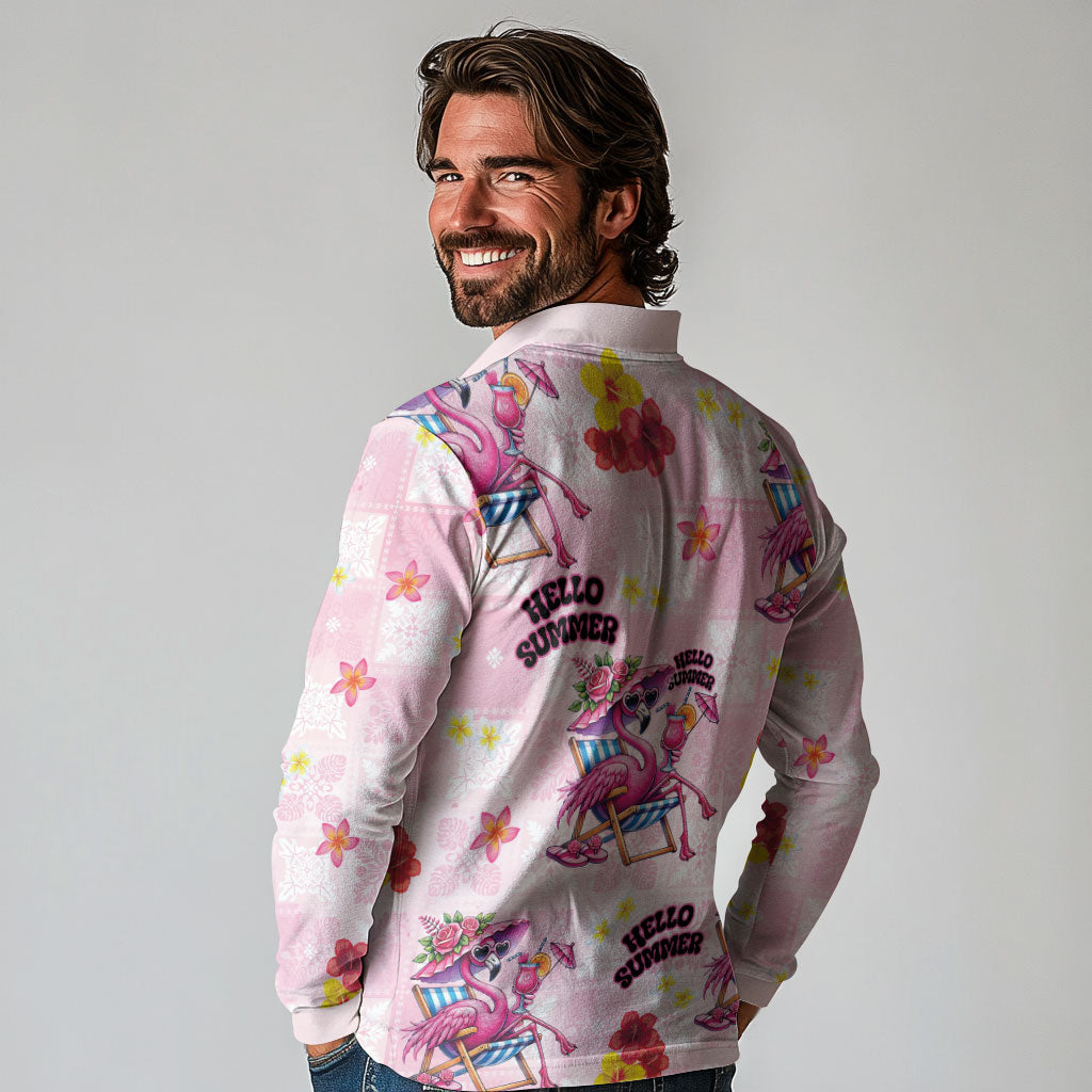 Hawaii Flamingo Hello Summer Long Sleeve Polo Shirt Hawaiian Quilt Pattern LT9 - Polynesian Pride