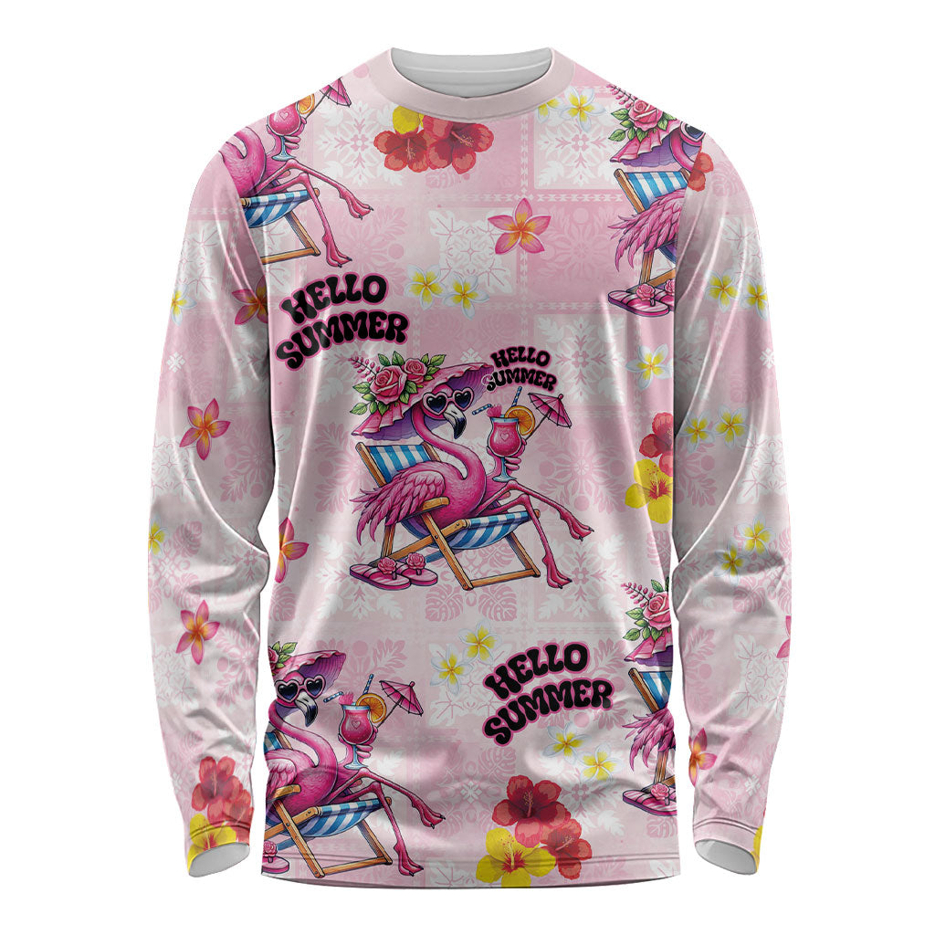 Hawaii Flamingo Hello Summer Long Sleeve Shirt Hawaiian Quilt Pattern LT9 Unisex Pink - Polynesian Pride
