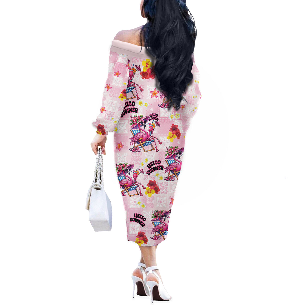 Hawaii Flamingo Hello Summer Off The Shoulder Long Sleeve Dress Hawaiian Quilt Pattern LT9 - Polynesian Pride