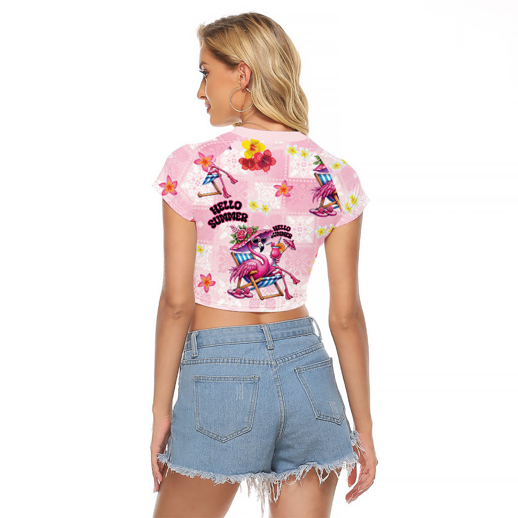Hawaii Flamingo Hello Summer Raglan Cropped T Shirt Hawaiian Quilt Pattern LT9 - Polynesian Pride