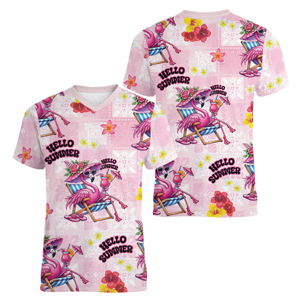 Hawaii Flamingo Hello Summer Women V-Neck T-Shirt Hawaiian Quilt Pattern LT9 - Polynesian Pride