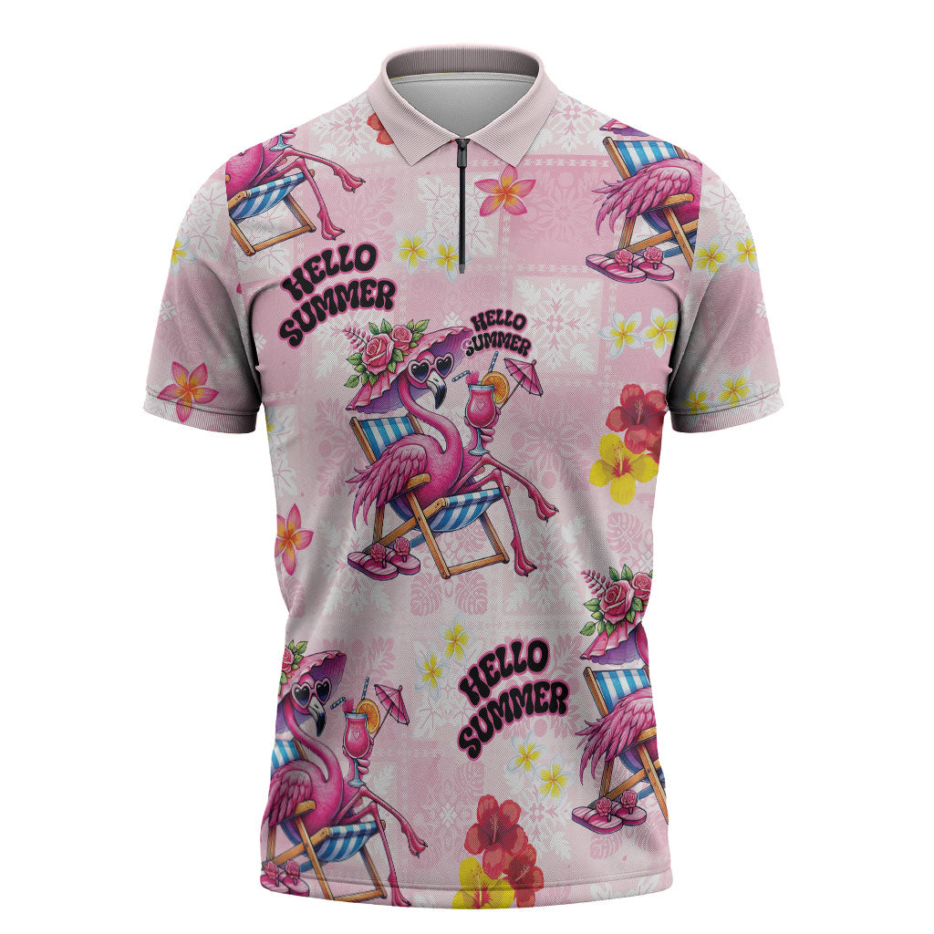 Hawaii Flamingo Hello Summer Zipper Polo Shirt Hawaiian Quilt Pattern LT9 Pink - Polynesian Pride
