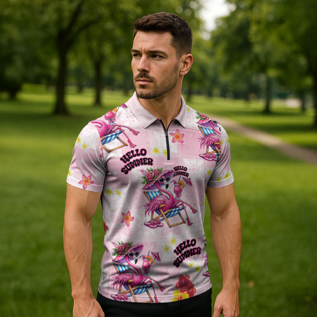 Hawaii Flamingo Hello Summer Zipper Polo Shirt Hawaiian Quilt Pattern LT9 - Polynesian Pride