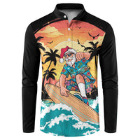 Vintage Santa Claus Surfing Summer Button Sweatshirt Mele Kalikimaka i Iulai! LT9 Black - Polynesian Pride