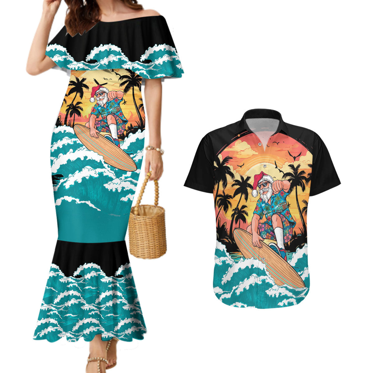 Vintage Santa Claus Surfing Summer Couples Matching Mermaid Dress and Hawaiian Shirt Mele Kalikimaka i Iulai! LT9 Black - Polynesian Pride