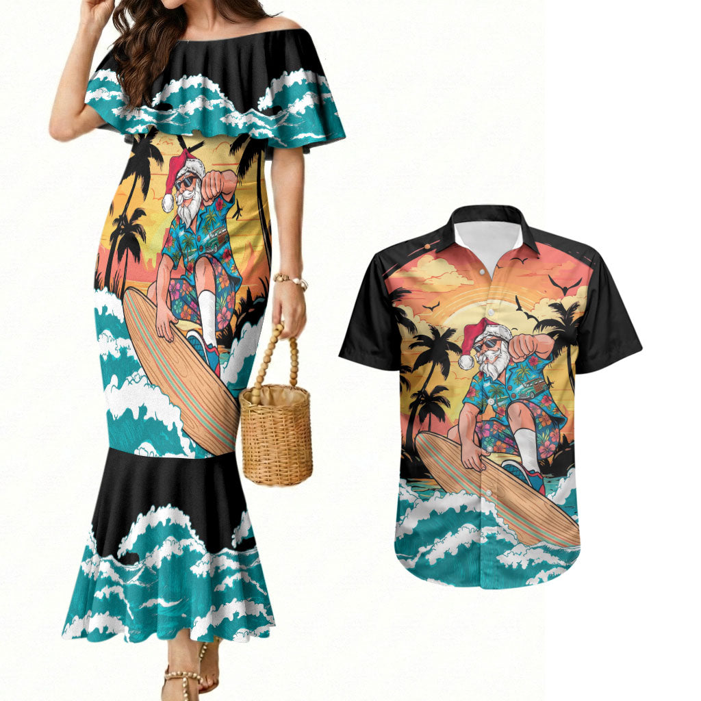 Vintage Santa Claus Surfing Summer Couples Matching Mermaid Dress and Hawaiian Shirt Mele Kalikimaka i Iulai! LT9 Black - Polynesian Pride