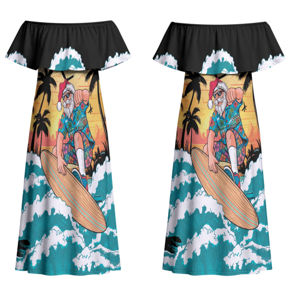 Vintage Santa Claus Surfing Summer Couples Matching Off Shoulder Maxi Dress and Long Sleeve Button Shirt Mele Kalikimaka i Iulai! LT9 - Polynesian Pride