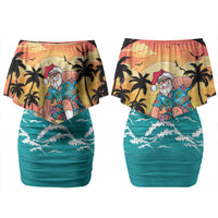 Vintage Santa Claus Surfing Summer Couples Matching Off Shoulder Short Dress and Long Sleeve Button Shirt Mele Kalikimaka i Iulai! LT9 - Polynesian Pride