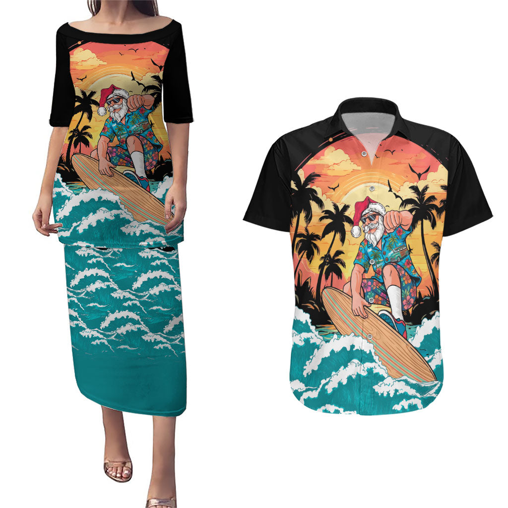 Vintage Santa Claus Surfing Summer Couples Matching Puletasi and Hawaiian Shirt Mele Kalikimaka i Iulai! LT9 Black - Polynesian Pride