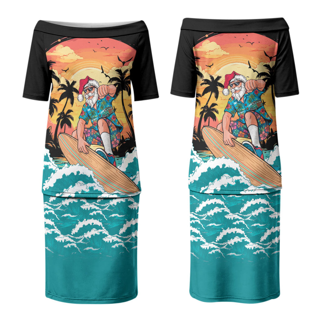 Vintage Santa Claus Surfing Summer Couples Matching Puletasi and Hawaiian Shirt Mele Kalikimaka i Iulai! LT9 - Polynesian Pride