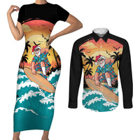 Vintage Santa Claus Surfing Summer Couples Matching Short Sleeve Bodycon Dress and Long Sleeve Button Shirt Mele Kalikimaka i Iulai! LT9 Black - Polynesian Pride