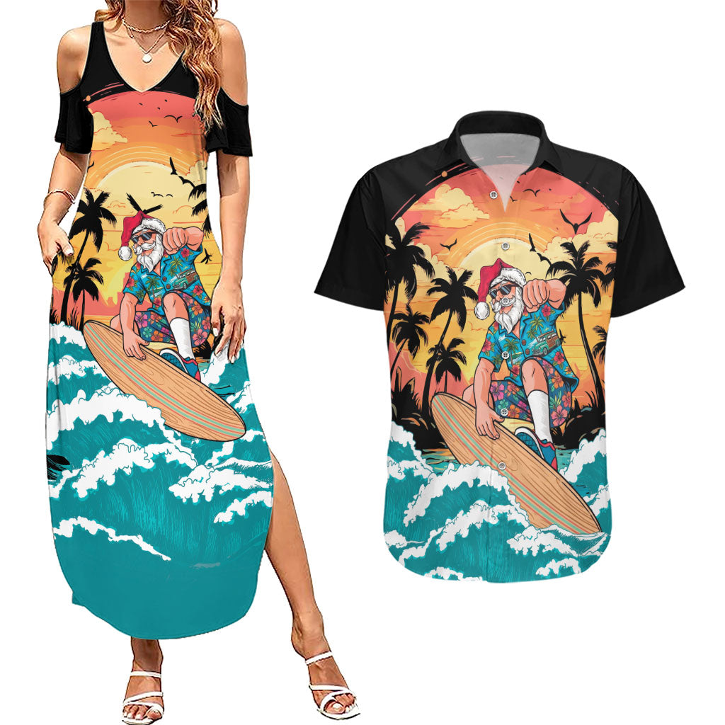 Vintage Santa Claus Surfing Summer Couples Matching Summer Maxi Dress and Hawaiian Shirt Mele Kalikimaka i Iulai! LT9 Black - Polynesian Pride