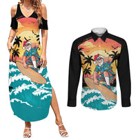 Vintage Santa Claus Surfing Summer Couples Matching Summer Maxi Dress and Long Sleeve Button Shirt Mele Kalikimaka i Iulai! LT9 Black - Polynesian Pride
