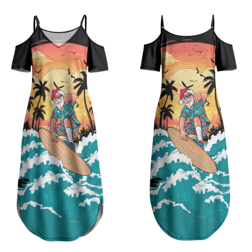 Vintage Santa Claus Surfing Summer Couples Matching Summer Maxi Dress and Long Sleeve Button Shirt Mele Kalikimaka i Iulai! LT9 - Polynesian Pride