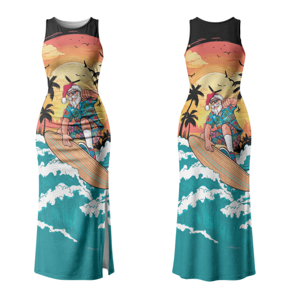 Vintage Santa Claus Surfing Summer Couples Matching Tank Maxi Dress and Long Sleeve Button Shirt Mele Kalikimaka i Iulai! LT9 - Polynesian Pride