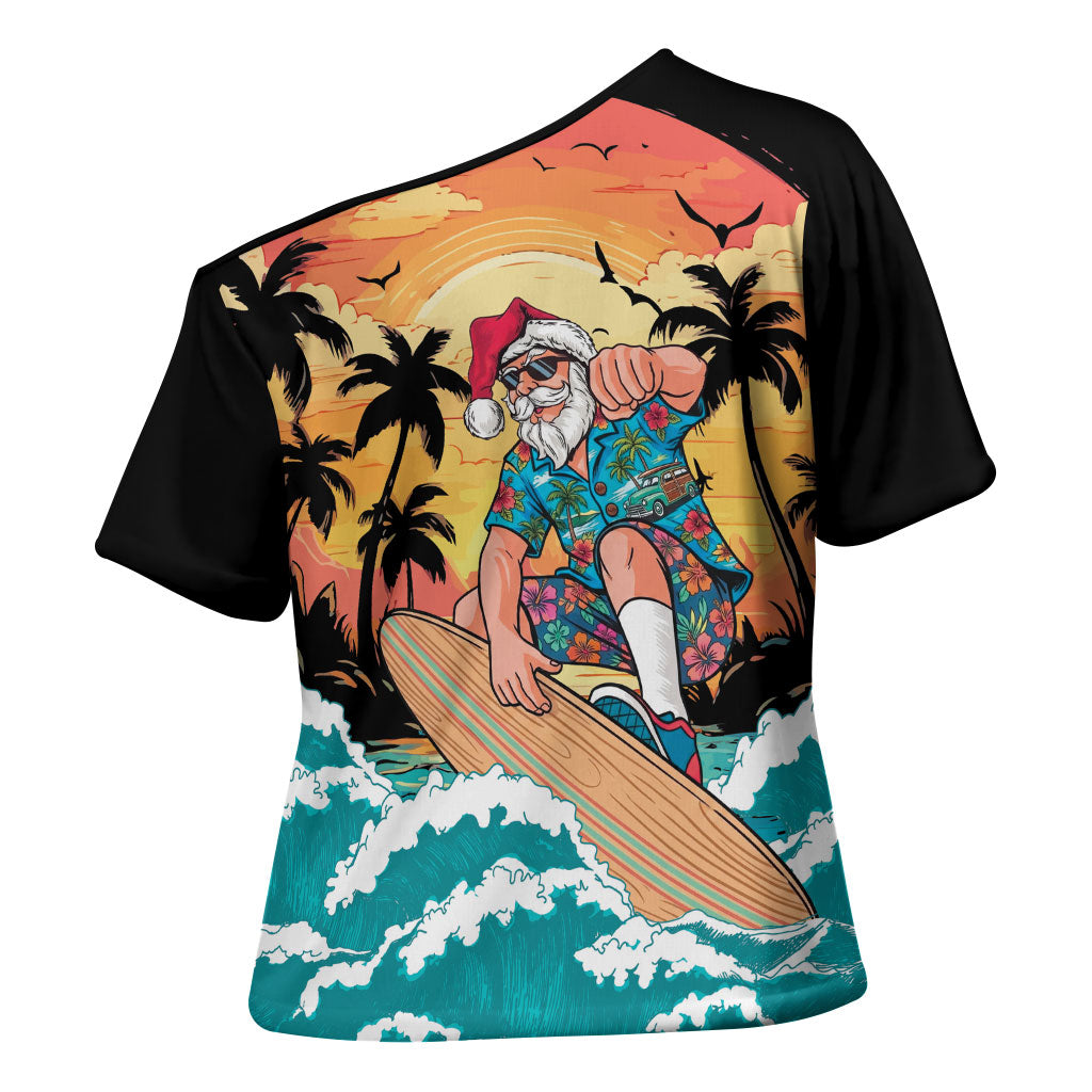 Vintage Santa Claus Surfing Summer Cross Shoulder Shirt Mele Kalikimaka i Iulai! LT9 - Polynesian Pride
