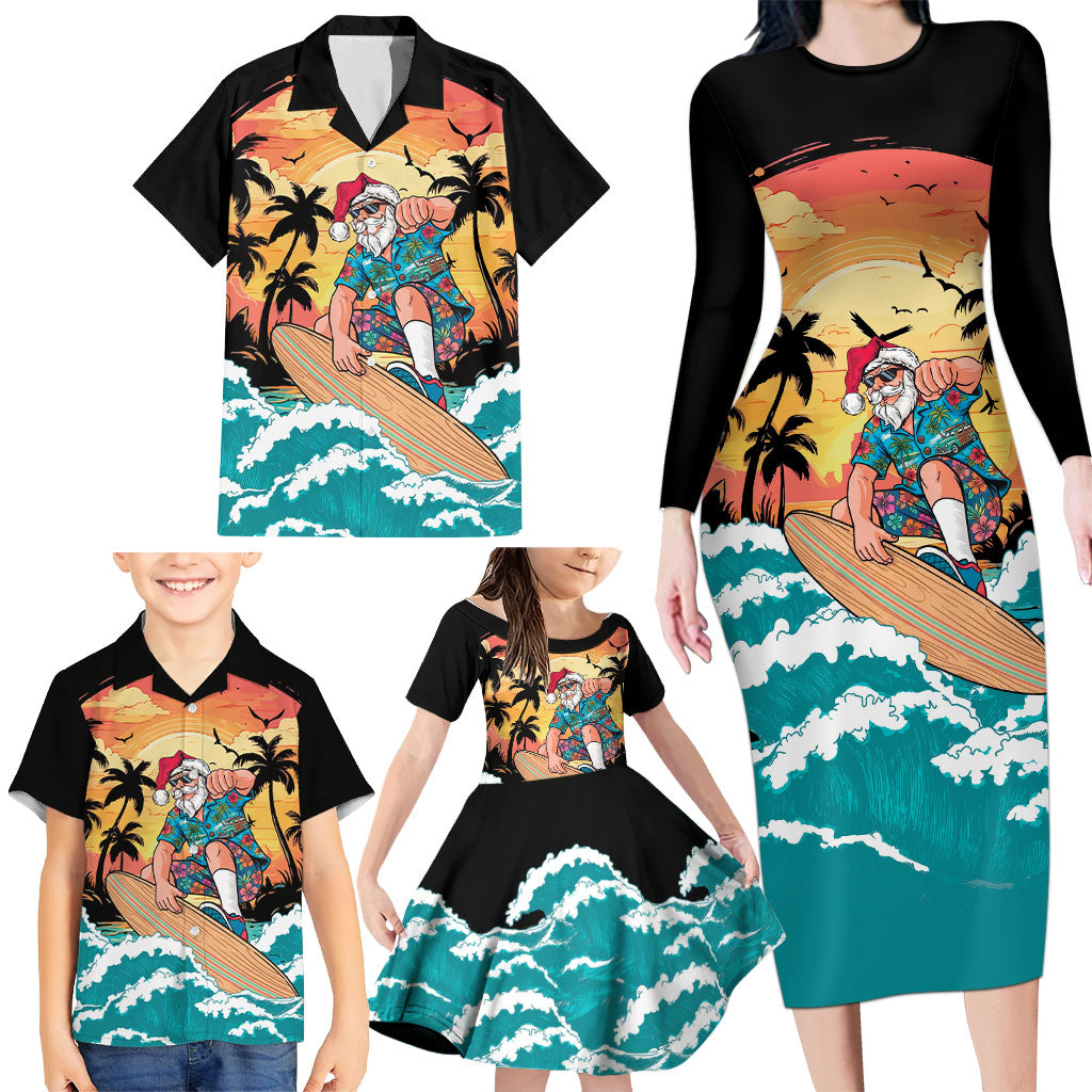 Vintage Santa Claus Surfing Summer Family Matching Long Sleeve Bodycon Dress and Hawaiian Shirt Mele Kalikimaka i Iulai! LT9 - Polynesian Pride