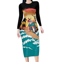Vintage Santa Claus Surfing Summer Family Matching Long Sleeve Bodycon Dress and Hawaiian Shirt Mele Kalikimaka i Iulai! LT9 Mom's Dress Black - Polynesian Pride