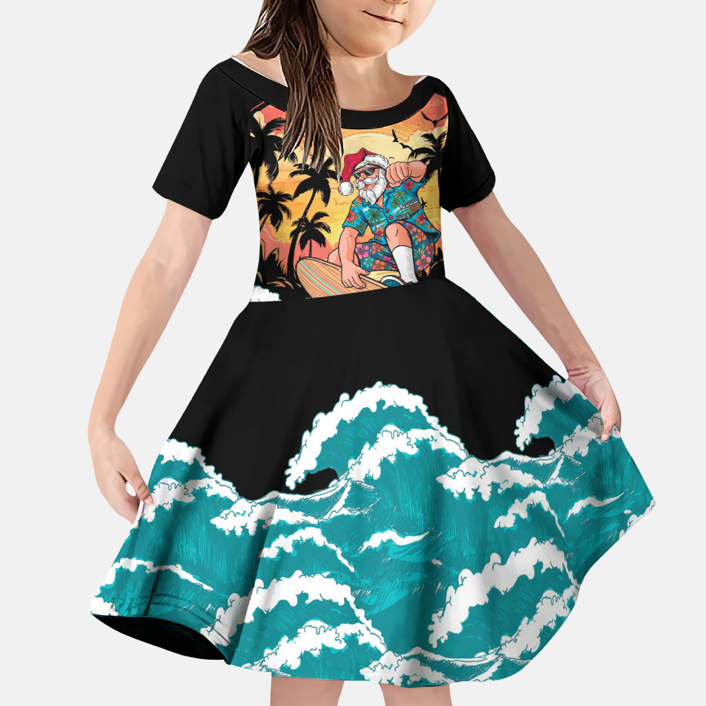Vintage Santa Claus Surfing Summer Family Matching Off The Shoulder Long Sleeve Dress and Hawaiian Shirt Mele Kalikimaka i Iulai! LT9 Daughter's Dress Black - Polynesian Pride