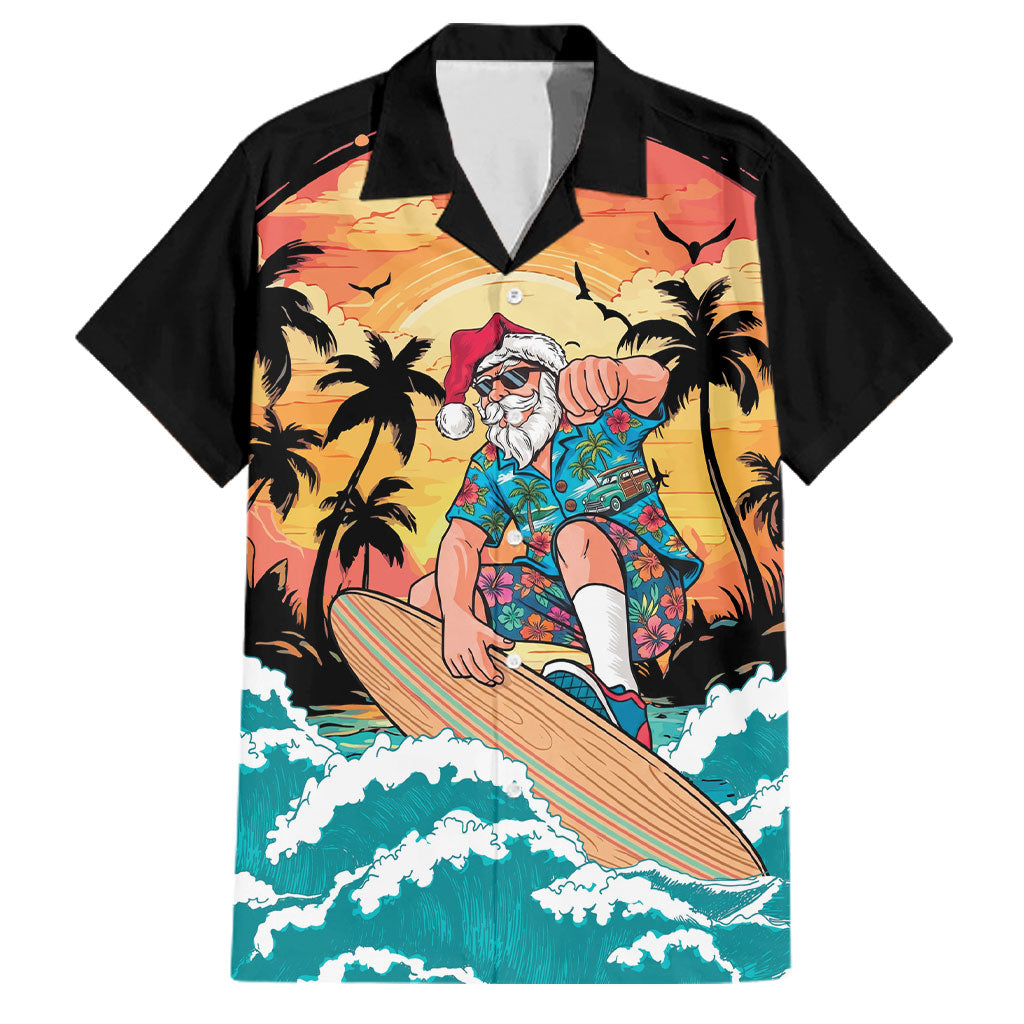 Vintage Santa Claus Surfing Summer Family Matching Off Shoulder Maxi Dress and Hawaiian Shirt Mele Kalikimaka i Iulai! LT9 Dad's Shirt - Short Sleeve Black - Polynesian Pride