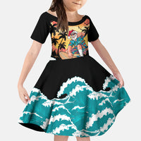 Vintage Santa Claus Surfing Summer Family Matching Off Shoulder Short Dress and Hawaiian Shirt Mele Kalikimaka i Iulai! LT9 Daughter's Dress Black - Polynesian Pride