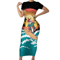Vintage Santa Claus Surfing Summer Family Matching Short Sleeve Bodycon Dress and Hawaiian Shirt Mele Kalikimaka i Iulai! LT9 Mom's Dress Black - Polynesian Pride