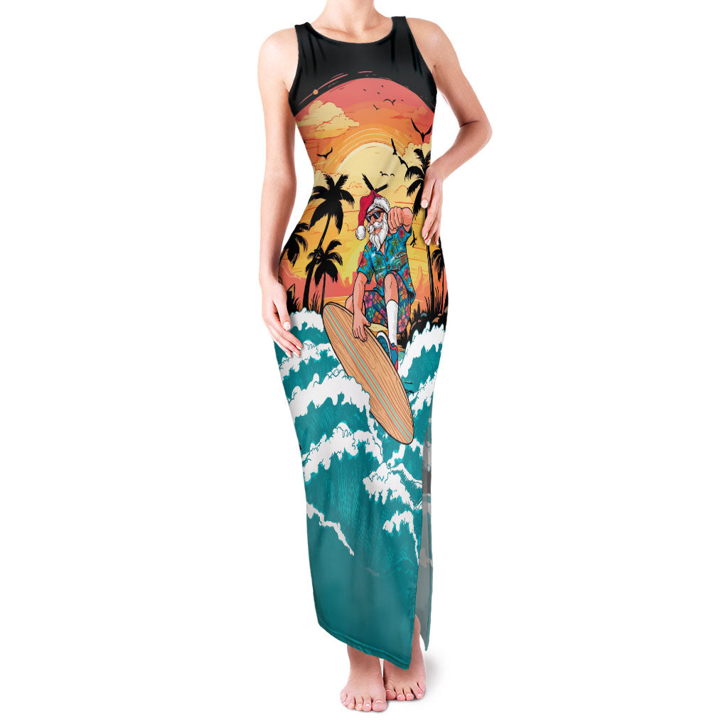 Vintage Santa Claus Surfing Summer Family Matching Tank Maxi Dress and Hawaiian Shirt Mele Kalikimaka i Iulai! LT9 Mom's Dress Black - Polynesian Pride