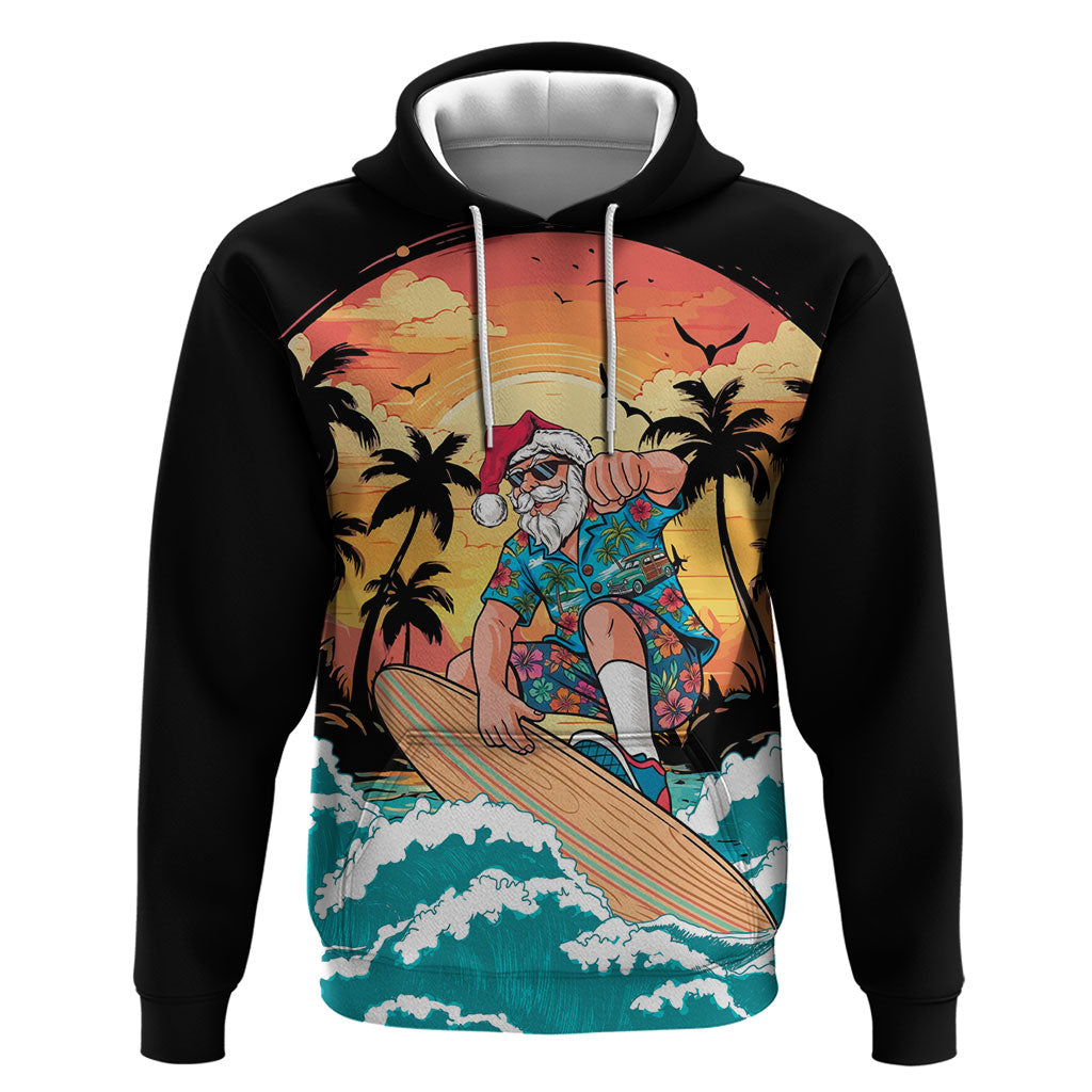 Vintage Santa Claus Surfing Summer Hoodie Mele Kalikimaka i Iulai! LT9 Pullover Hoodie Black - Polynesian Pride