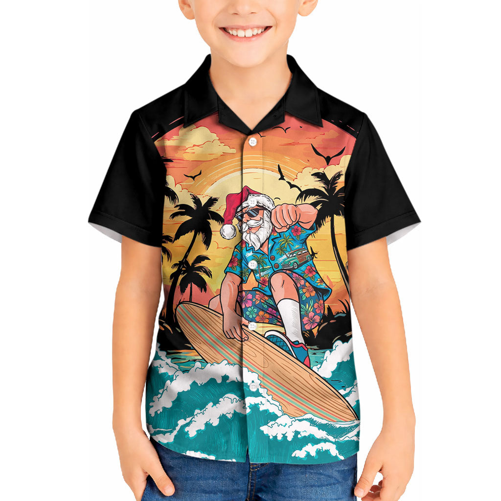 Vintage Santa Claus Surfing Summer Kid Hawaiian Shirt Mele Kalikimaka i Iulai! LT9 Kid Black - Polynesian Pride