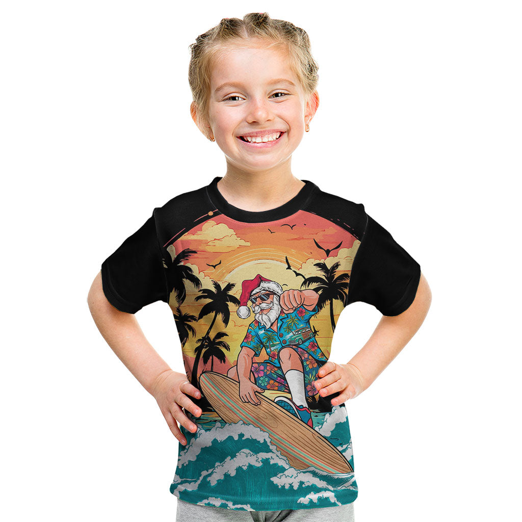Vintage Santa Claus Surfing Summer Kid T Shirt Mele Kalikimaka i Iulai! LT9 Black - Polynesian Pride
