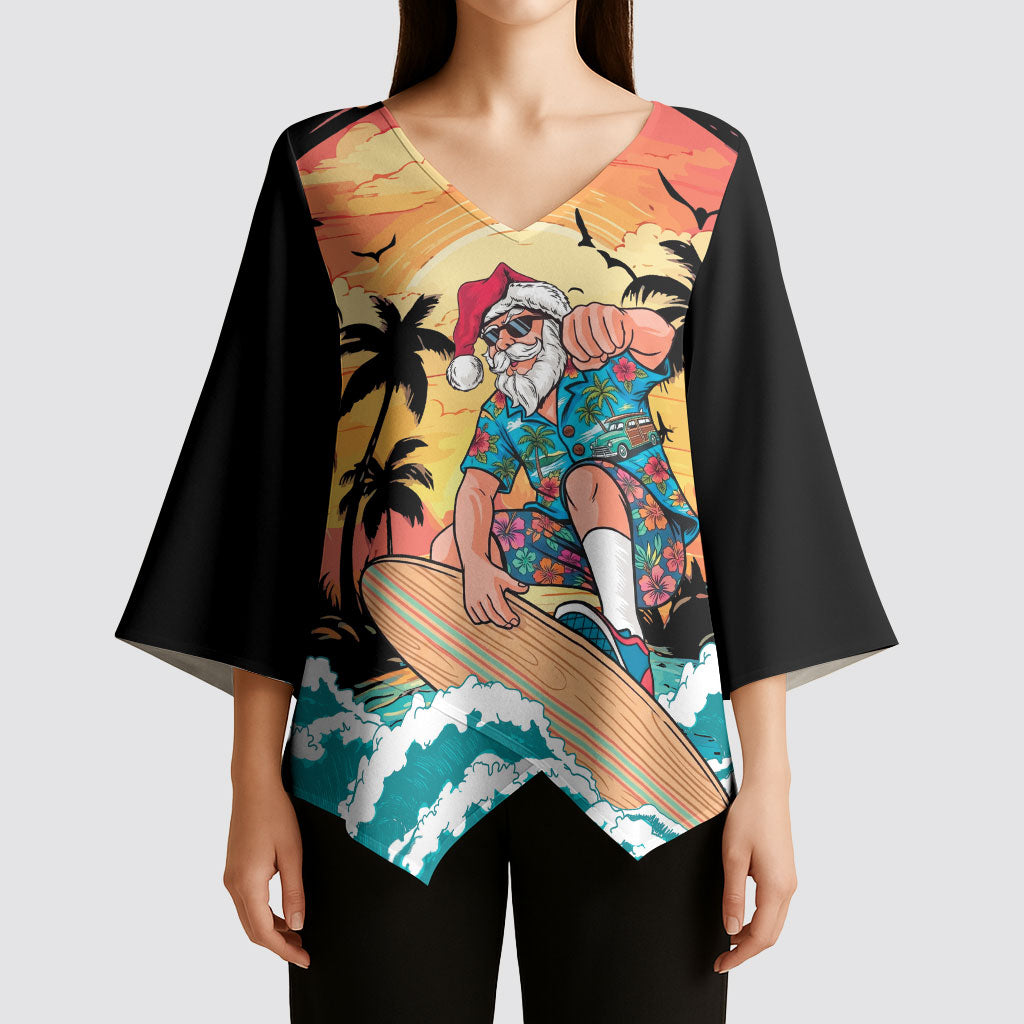 Vintage Santa Claus Surfing Summer Kimono Sleeve Blouse Mele Kalikimaka i Iulai! LT9 - Polynesian Pride