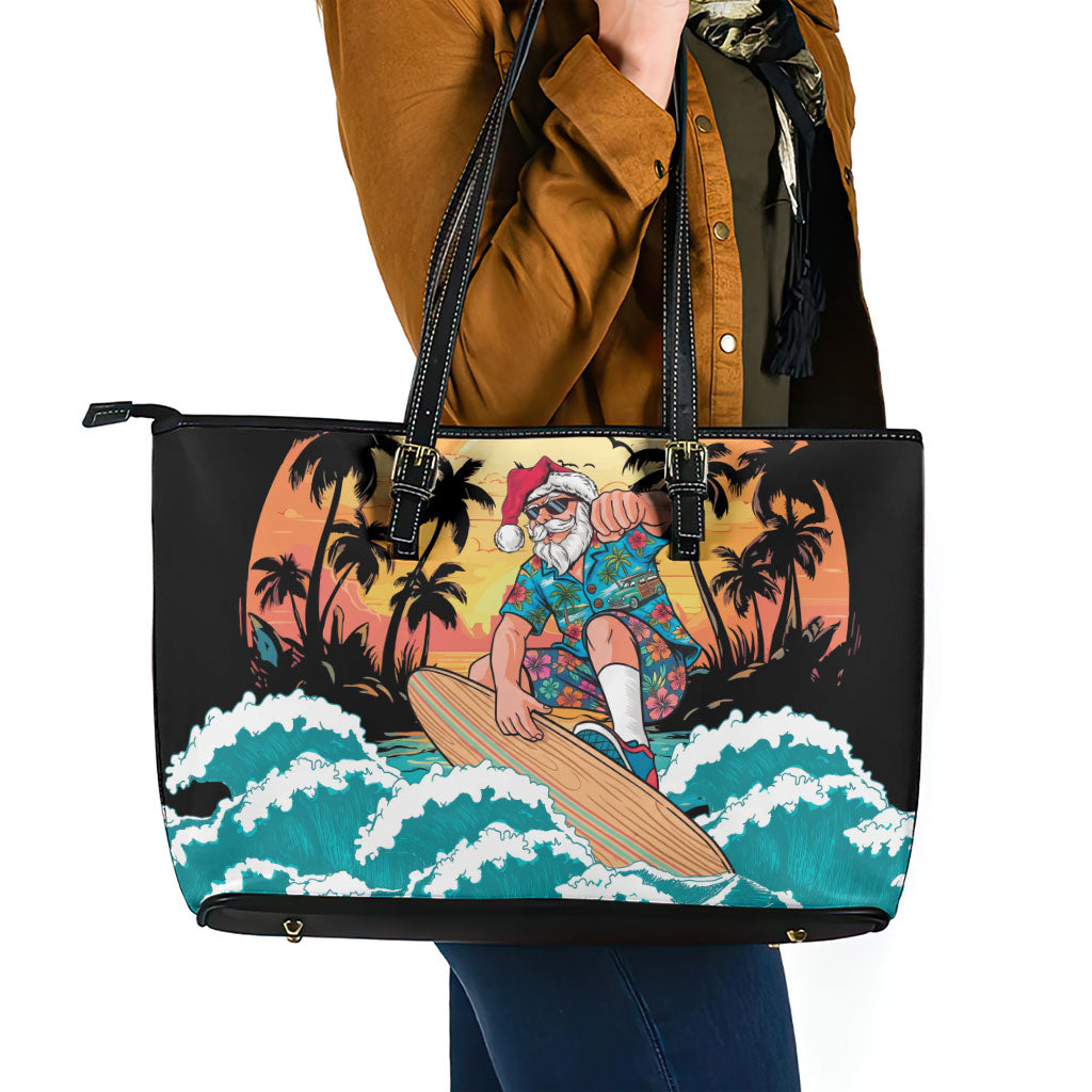 Vintage Santa Claus Surfing Summer Leather Tote Bag Mele Kalikimaka i Iulai! LT9 - Polynesian Pride