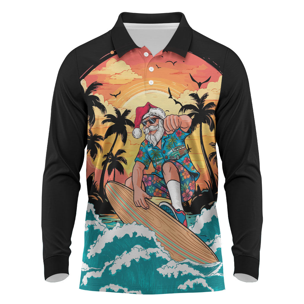 Vintage Santa Claus Surfing Summer Long Sleeve Polo Shirt Mele Kalikimaka i Iulai! LT9 Black - Polynesian Pride