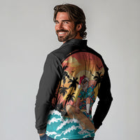 Vintage Santa Claus Surfing Summer Long Sleeve Polo Shirt Mele Kalikimaka i Iulai! LT9 - Polynesian Pride