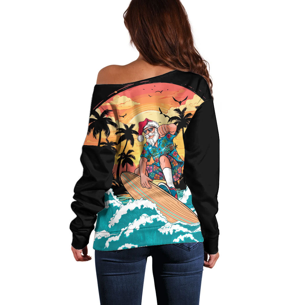 Vintage Santa Claus Surfing Summer Off Shoulder Sweater Mele Kalikimaka i Iulai! LT9 - Polynesian Pride