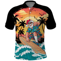 Vintage Santa Claus Surfing Summer Polo Shirt Mele Kalikimaka i Iulai! LT9 Black - Polynesian Pride