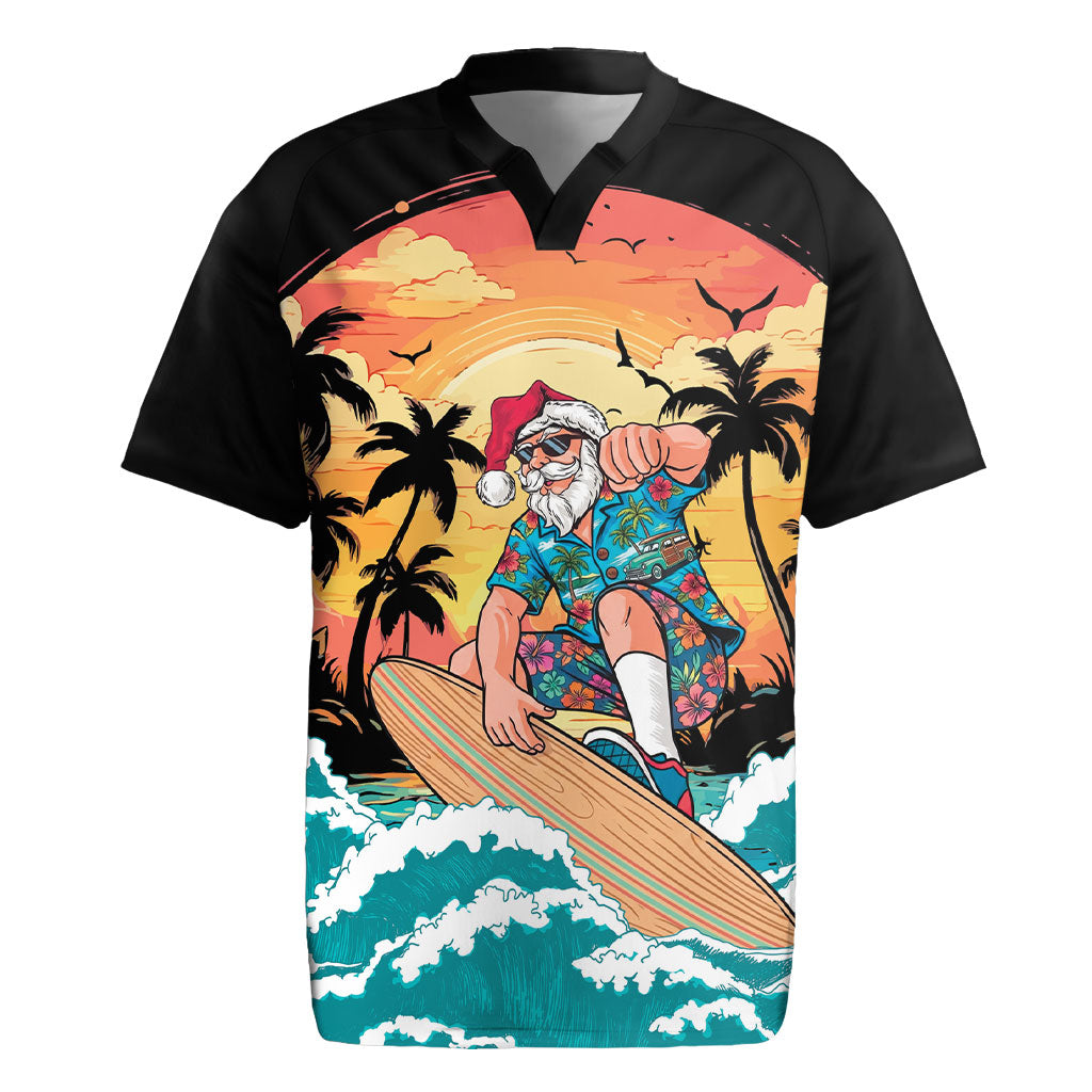 Vintage Santa Claus Surfing Summer Rugby Jersey Mele Kalikimaka i Iulai! LT9 Black - Polynesian Pride