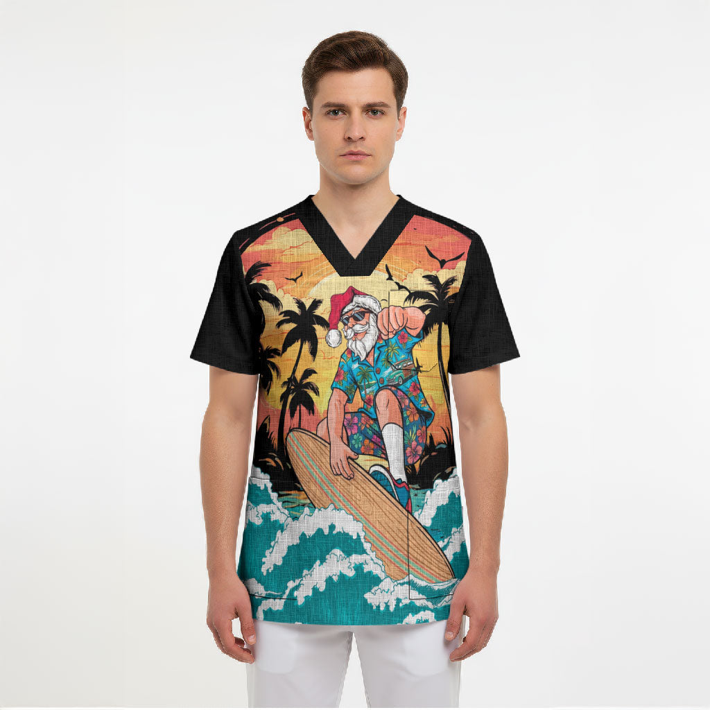 Vintage Santa Claus Surfing Summer Scrub Top Mele Kalikimaka i Iulai! LT9 - Polynesian Pride