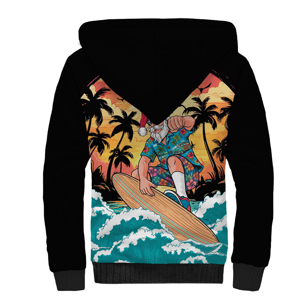 Vintage Santa Claus Surfing Summer Sherpa Hoodie Mele Kalikimaka i Iulai! LT9 - Polynesian Pride