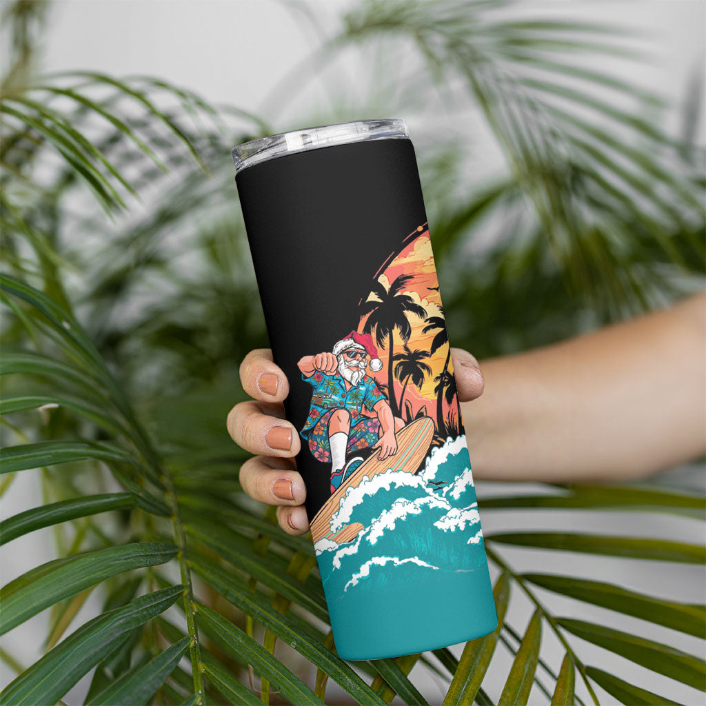 Vintage Santa Claus Surfing Summer Skinny Tumbler Mele Kalikimaka i Iulai! LT9 - Polynesian Pride