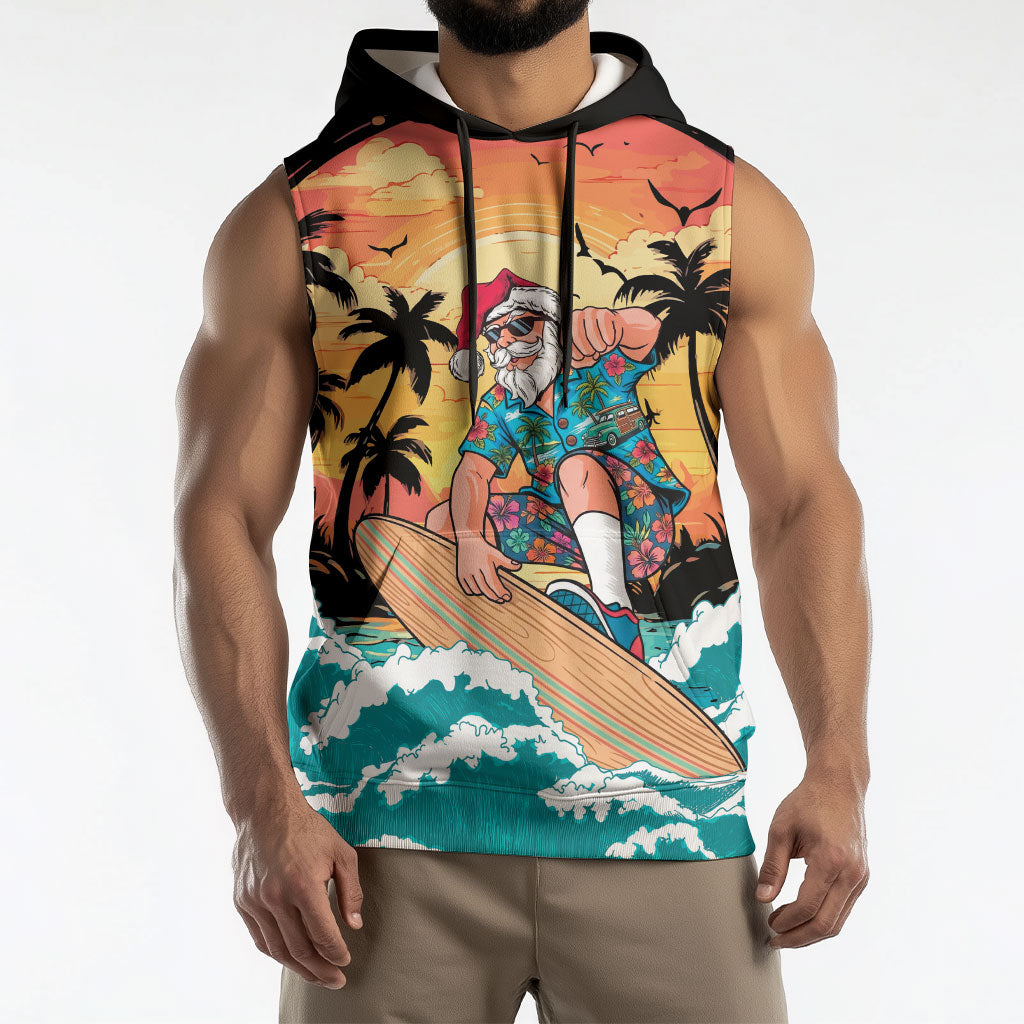 Vintage Santa Claus Surfing Summer Sleeveless Hoodie Mele Kalikimaka i Iulai! LT9 - Polynesian Pride