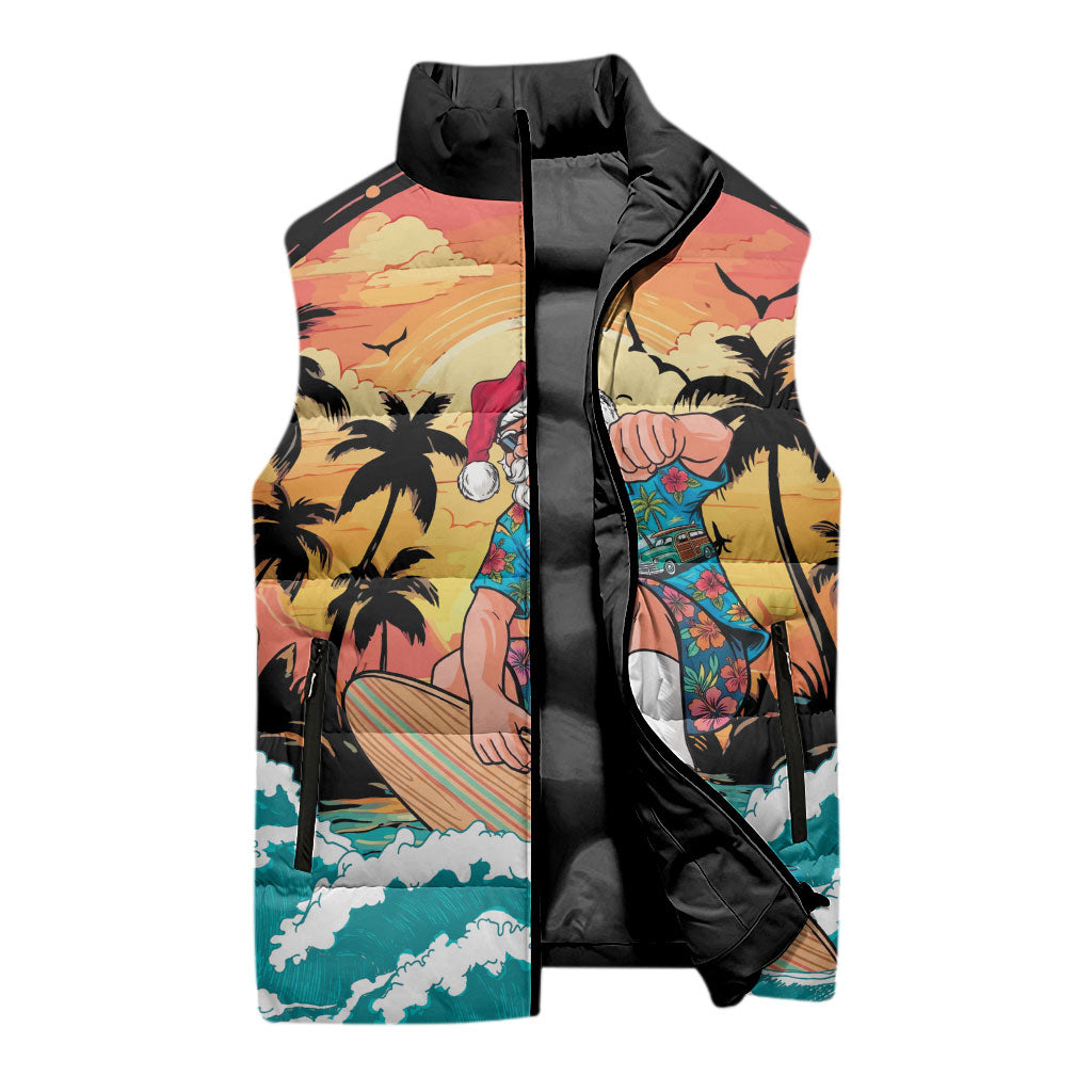 Vintage Santa Claus Surfing Summer Sleeveless Puffer Jacket Mele Kalikimaka i Iulai! LT9 - Polynesian Pride