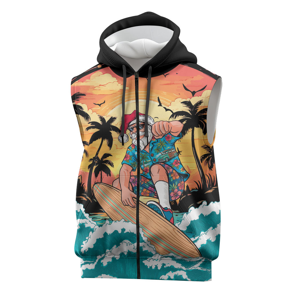 Vintage Santa Claus Surfing Summer Sleeveless Zip Hoodie Mele Kalikimaka i Iulai! LT9 Black - Polynesian Pride